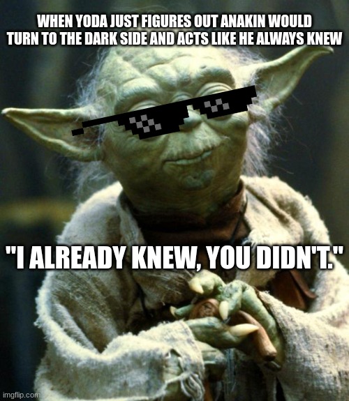 yoda meme | WHEN YODA JUST FIGURES OUT ANAKIN WOULD TURN TO THE DARK SIDE AND ACTS LIKE HE ALWAYS KNEW; "I ALREADY KNEW, YOU DIDN'T." | image tagged in memes,star wars yoda | made w/ Imgflip meme maker