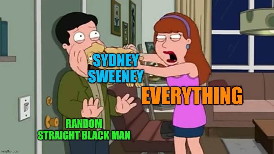 Tiddies. I get it. But like come on fr fr | SYDNEY SWEENEY; EVERYTHING; RANDOM STRAIGHT BLACK MAN | image tagged in sydney,hollywood | made w/ Imgflip meme maker