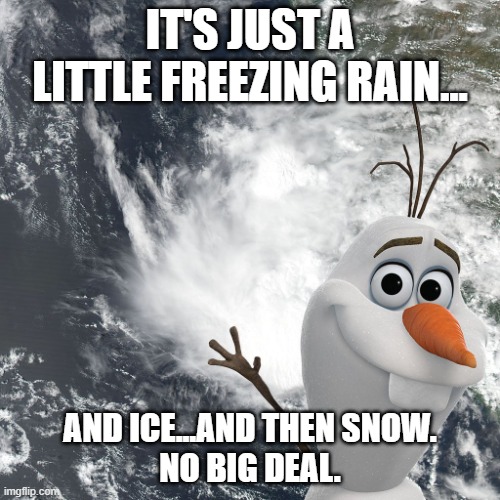 Olaf knows snow | IT'S JUST A LITTLE FREEZING RAIN... AND ICE...AND THEN SNOW.
NO BIG DEAL. | image tagged in hurricane olaf,snow day,snow,ice,freezing cold | made w/ Imgflip meme maker