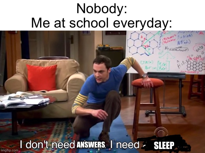 Meme #275 | Nobody:
Me at school everyday:; ANSWERS; SLEEP | image tagged in i don't need sleep i need answers,school,sleep,tired,memes,funny | made w/ Imgflip meme maker