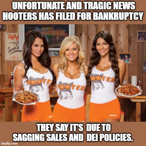 This is what DEI Does to businesses. | UNFORTUNATE AND TRAGIC NEWS HOOTERS HAS FILED FOR BANKRUPTCY; THEY SAY IT'S  DUE TO SAGGING SALES AND  DEI POLICIES. | image tagged in hooters girls,bankruptcy,hooters,democrats,business | made w/ Imgflip meme maker