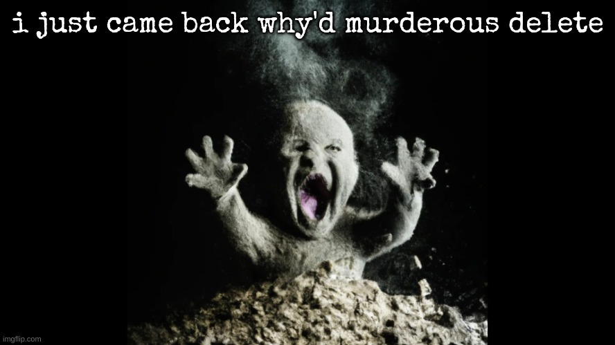 ash baby | i just came back why'd murderous delete | image tagged in ash baby baby vs volcano | made w/ Imgflip meme maker