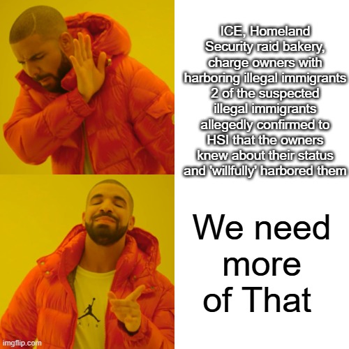 Do the politicians now that protect um. Churchs also. | ICE, Homeland Security raid bakery, charge owners with harboring illegal immigrants
2 of the suspected illegal immigrants allegedly confirmed to HSI that the owners knew about their status and 'willfully' harbored them; We need more of That | image tagged in memes,drake hotline bling | made w/ Imgflip meme maker
