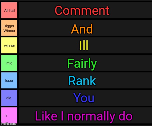 And my first f tier yay | Comment; And; Ill; Fairly; Rank; You; Like I normally do | image tagged in yoshi's tier list | made w/ Imgflip meme maker