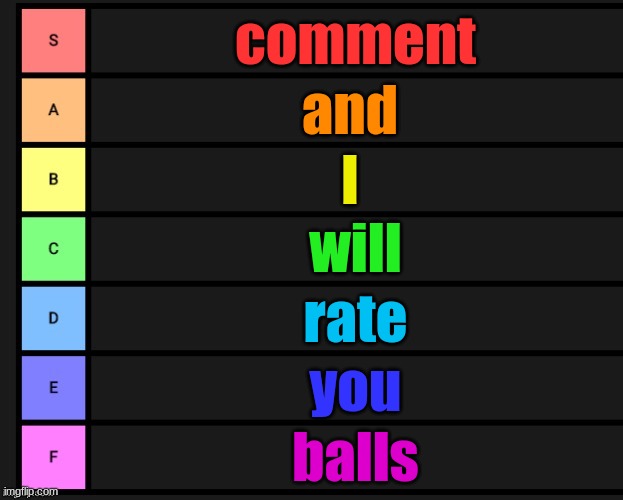 Tier List | comment; and; I; will; rate; you; balls | image tagged in tier list | made w/ Imgflip meme maker