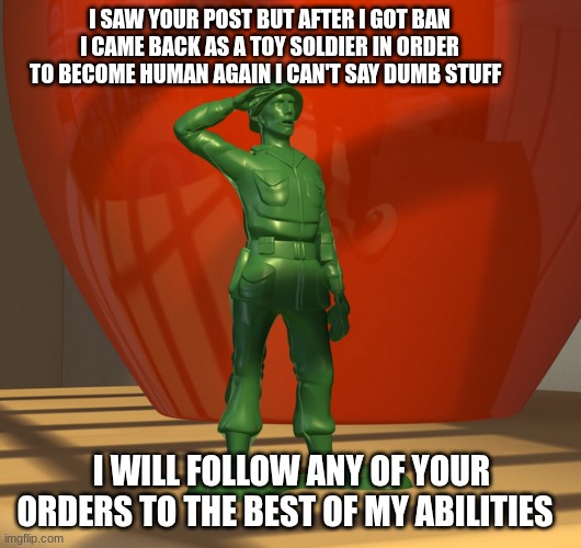 toy story soldiers | I SAW YOUR POST BUT AFTER I GOT BAN I CAME BACK AS A TOY SOLDIER IN ORDER TO BECOME HUMAN AGAIN I CAN'T SAY DUMB STUFF I WILL FOLLOW ANY OF  | image tagged in toy story soldiers | made w/ Imgflip meme maker