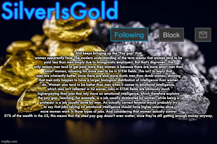 rant I have about the pay gap that yall can choose to read or not | Nat keeps bringing up the "Pay gap" that women apparently face. The modern understanding of the term means that women tend to be paid less than men simply due to misogynistic employers. But that's disproven. The only reason men tend to get paid more then women is because there are more smart men than smart women, allowing for more men to be in STEM fields. This isn't to imply that men are inherently better, since there are also more dumb men than dumb women, showing that men only happen to have a larger biological distribution of intelligence than women do. Women also tend to be better than men when it comes to emotional intelligence, which also isn't reflected in IQ scores. Jobs in STEM fields are obviously much higher-paying than jobs that rely more on emotional intelligence, which therefore explains the pay gap. Teaching, for example, is a job usually dominated by women, while being a professor is a job usually done by men. An actually correct feminist would probably try to say that jobs relying on emotional intelligence should have higher salaries since more women work in those types of jobs. And considering that women actually control 51% of the wealth in the US, this means that the cited pay gap doesn't even matter, since they're still getting enough money anyway. | image tagged in silver s nostalgia template | made w/ Imgflip meme maker