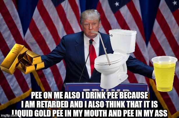 TRUMP | PEE ON ME ALSO I DRINK PEE BECAUSE I AM RETARDED AND I ALSO THINK THAT IT IS LIQUID GOLD PEE IN MY MOUTH AND PEE IN MY ASS | image tagged in donald trump | made w/ Imgflip meme maker