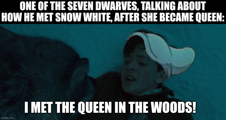 Nice look, bro | ONE OF THE SEVEN DWARVES, TALKING ABOUT HOW HE MET SNOW WHITE, AFTER SHE BECAME QUEEN:; I MET THE QUEEN IN THE WOODS! | image tagged in narnia,snow white,lol | made w/ Imgflip meme maker