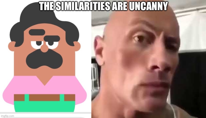 Memeplug time lol | THE SIMILARITIES ARE UNCANNY | image tagged in duolingo man eyebrow raise,the rock eyebrows | made w/ Imgflip meme maker