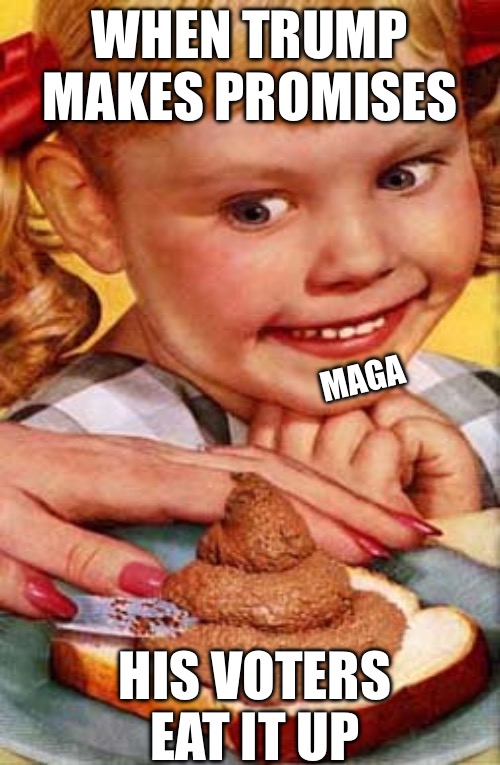 Bon Appetite, MAGA | WHEN TRUMP MAKES PROMISES; MAGA; HIS VOTERS EAT IT UP | image tagged in shit sandwich | made w/ Imgflip meme maker