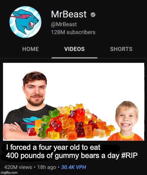 MrBeast thumbnail template | I forced a four year old to eat 400 pounds of gummy bears a day #RIP | image tagged in mrbeast thumbnail template | made w/ Imgflip meme maker