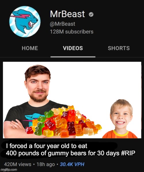 Gummy Bears | I forced a four year old to eat 400 pounds of gummy bears for 30 days #RIP | image tagged in mrbeast thumbnail template | made w/ Imgflip meme maker