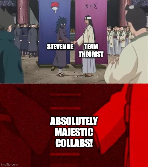 The competition was fire!! | TEAM THEORIST; STEVEN HE; ABSOLUTELY MAJESTIC COLLABS! | image tagged in naruto handshake meme template,youtube,steven he,food theory,game theory,steven he i will send you to jesus | made w/ Imgflip meme maker