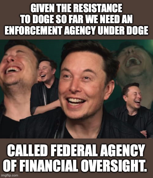 Bet they won’t be laughing when FAFO gets done with them. | GIVEN THE RESISTANCE TO DOGE SO FAR WE NEED AN ENFORCEMENT AGENCY UNDER DOGE; CALLED FEDERAL AGENCY OF FINANCIAL OVERSIGHT. | image tagged in fafo,2025,doge,trump,fraud,waste | made w/ Imgflip meme maker