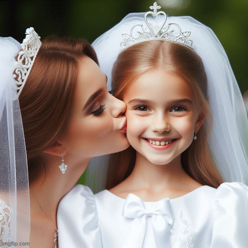 A little girl all dressed up, getting kissed on the cheek by a young lady who's also all dressed up | image tagged in little girl,white dress,tiara,veil,kiss,cheek | made w/ Imgflip meme maker