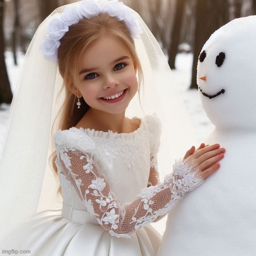 All dressed in white, building something else white | image tagged in little girl,white dress,veil,snowman,winter,smiling | made w/ Imgflip meme maker