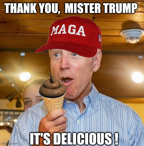 Biden loves ice cream | THANK YOU,  MISTER TRUMP IT'S DELICIOUS ! | image tagged in biden loves ice cream | made w/ Imgflip meme maker