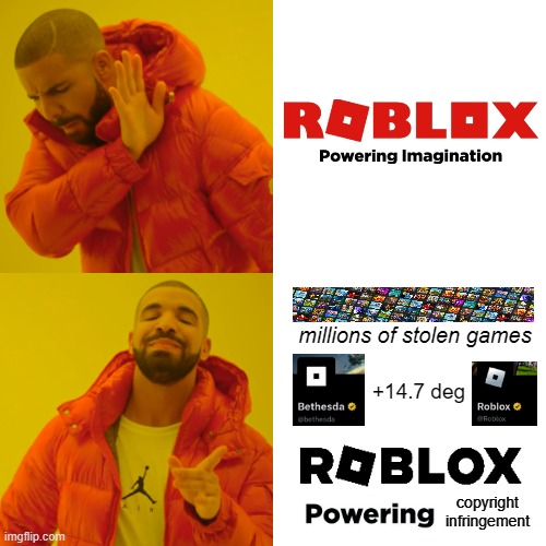 roblox powering copyright infringement ☠ | millions of stolen games; +14.7 deg; copyright infringement | image tagged in memes,drake hotline bling | made w/ Imgflip meme maker