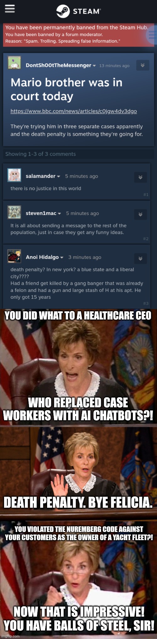 YOU DID WHAT TO A HEALTHCARE CEO; WHO REPLACED CASE WORKERS WITH AI CHATBOTS?! DEATH PENALTY. BYE FELICIA. YOU VIOLATED THE NUREMBERG CODE AGAINST YOUR CUSTOMERS AS THE OWNER OF A YACHT FLEET?! NOW THAT IS IMPRESSIVE! YOU HAVE BALLS OF STEEL, SIR! | image tagged in judge judy | made w/ Imgflip meme maker