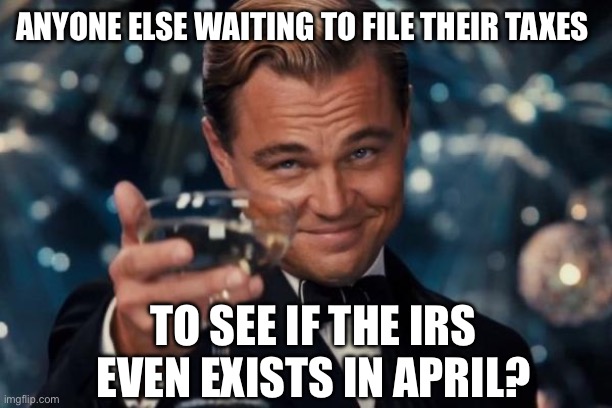 Leonardo Dicaprio Cheers | ANYONE ELSE WAITING TO FILE THEIR TAXES; TO SEE IF THE IRS EVEN EXISTS IN APRIL? | image tagged in memes,leonardo dicaprio cheers | made w/ Imgflip meme maker