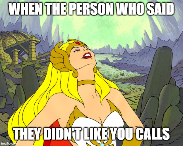 Hello Friend | WHEN THE PERSON WHO SAID; THEY DIDN'T LIKE YOU CALLS | image tagged in she-ra-laughter | made w/ Imgflip meme maker