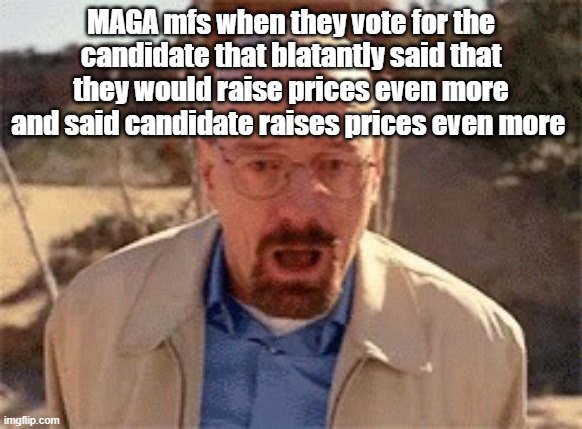 why the acting like they didnt vote ts in | MAGA mfs when they vote for the candidate that blatantly said that they would raise prices even more and said candidate raises prices even more | image tagged in walter white | made w/ Imgflip meme maker