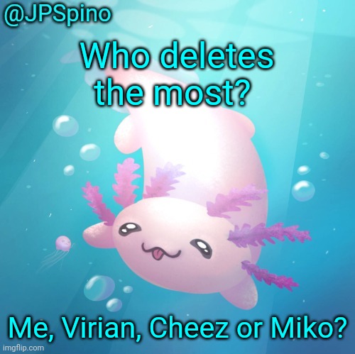 I'd say Cheez but idk | Who deletes the most? Me, Virian, Cheez or Miko? | image tagged in spino temp | made w/ Imgflip meme maker