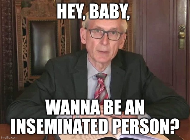 Inseminated Wisconsin Governor | HEY, BABY, WANNA BE AN INSEMINATED PERSON? | image tagged in leave it to evers,democrats,women,politics,political meme | made w/ Imgflip meme maker