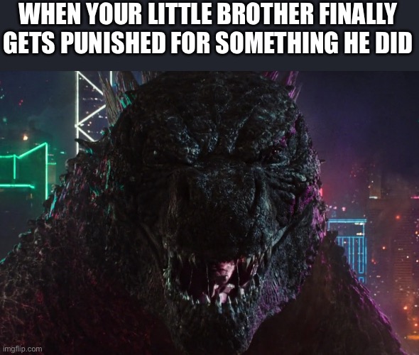 e | WHEN YOUR LITTLE BROTHER FINALLY GETS PUNISHED FOR SOMETHING HE DID | image tagged in godzilla laughing,lol | made w/ Imgflip meme maker