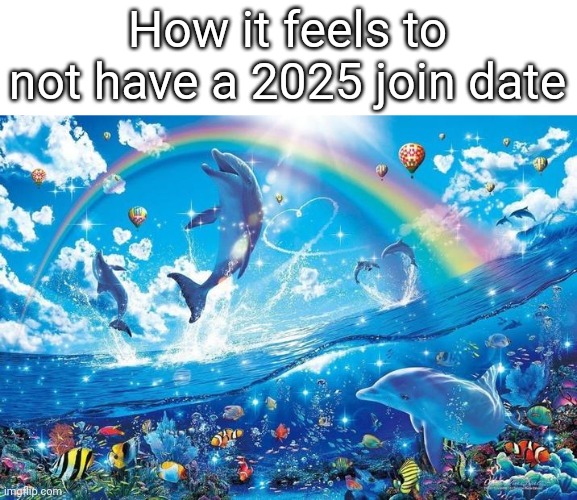 Happy dolphin rainbow | How it feels to not have a 2025 join date | image tagged in happy dolphin rainbow | made w/ Imgflip meme maker