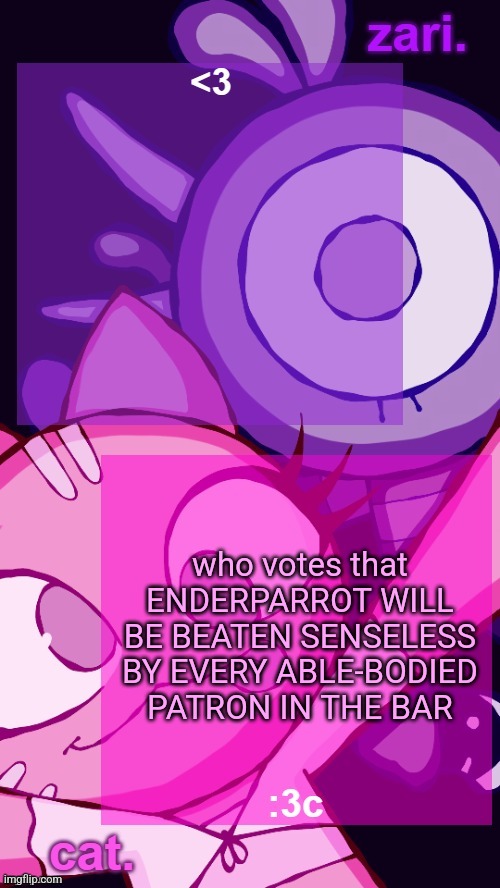 zari and cat catbirddog temp lol | who votes that ENDERPARROT WILL BE BEATEN SENSELESS BY EVERY ABLE-BODIED PATRON IN THE BAR | image tagged in zari and cat catbirddog temp lol | made w/ Imgflip meme maker