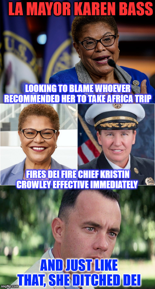 Looking to save her political career she'll throw anyone under the bus... | LA MAYOR KAREN BASS; LOOKING TO BLAME WHOEVER RECOMMENDED HER TO TAKE AFRICA TRIP; FIRES DEI FIRE CHIEF KRISTIN CROWLEY EFFECTIVE IMMEDIATELY; AND JUST LIKE THAT, SHE DITCHED DEI | image tagged in karen bass,memes,and just like that,dei does not matter,when you are looking for scapegoats | made w/ Imgflip meme maker