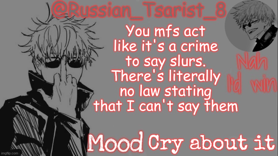 Russian_Tsarist_8 announcement temp (Thanks, Gojo-Satoru) | You mfs act like it's a crime to say slurs. There's literally no law stating that I can't say them; Cry about it | image tagged in russian_tsarist_8 announcement temp thanks gojo-satoru | made w/ Imgflip meme maker