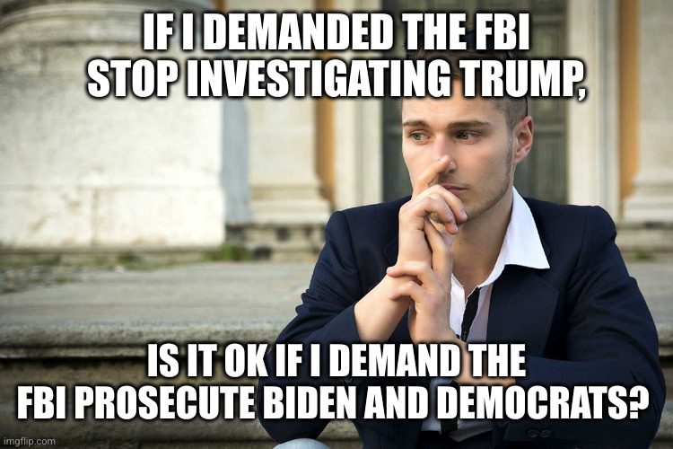 Can I criminalize the criminalizers? | IF I DEMANDED THE FBI STOP INVESTIGATING TRUMP, IS IT OK IF I DEMAND THE FBI PROSECUTE BIDEN AND DEMOCRATS? | image tagged in man wondering 07,hypocrisy,partisanship,fbi,revenge politics,memes | made w/ Imgflip meme maker