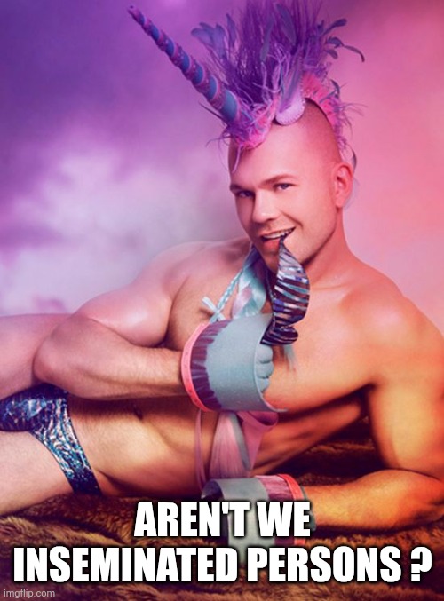 Sexy Gay Unicorn | AREN'T WE INSEMINATED PERSONS ? | image tagged in sexy gay unicorn | made w/ Imgflip meme maker