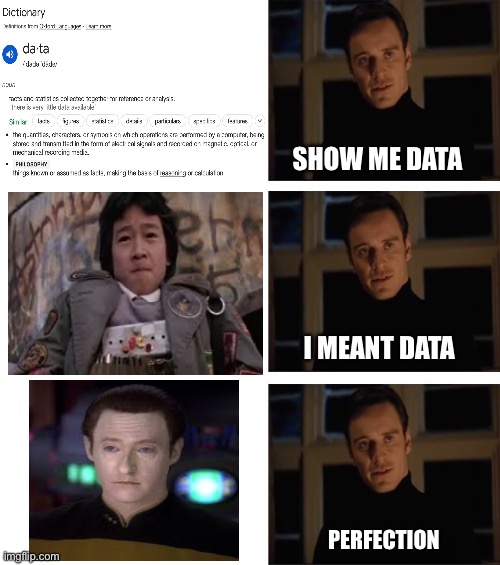 Data TNG | SHOW ME DATA; I MEANT DATA; PERFECTION | image tagged in michael fassbender perfection | made w/ Imgflip meme maker