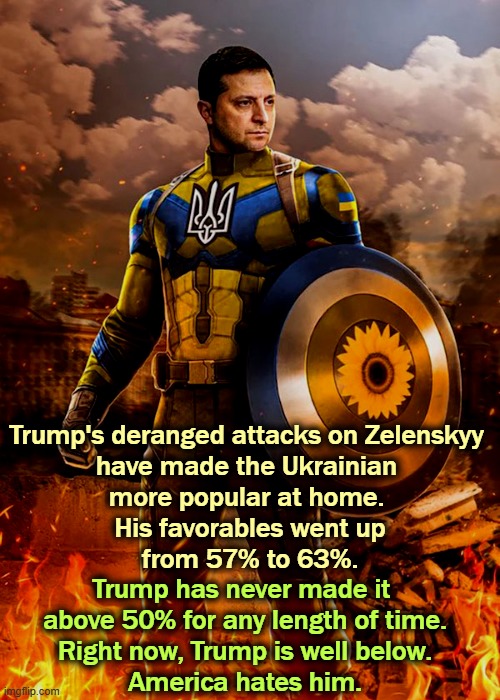Ukraine loves Zelenskyy. America hates Trump. Zelenskyy will have his job long after Trump's been fired. | Trump's deranged attacks on Zelenskyy 
have made the Ukrainian 
more popular at home. 
His favorables went up
from 57% to 63%. Trump has never made it 
above 50% for any length of time.
Right now, Trump is well below.
America hates him. | image tagged in zelenskyy,hero,trump,idiot,putin,servant | made w/ Imgflip meme maker