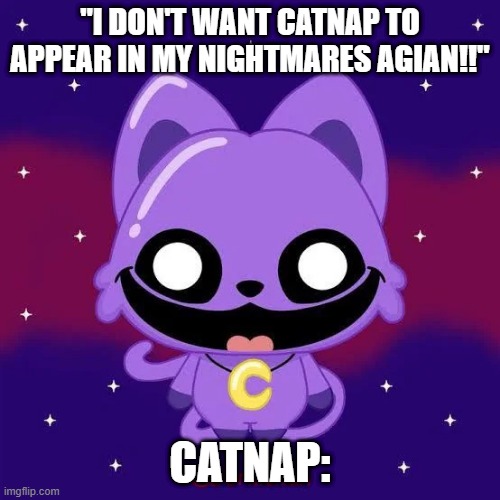 catnap | "I DON'T WANT CATNAP TO APPEAR IN MY NIGHTMARES AGIAN!!"; CATNAP: | image tagged in cutwt | made w/ Imgflip meme maker