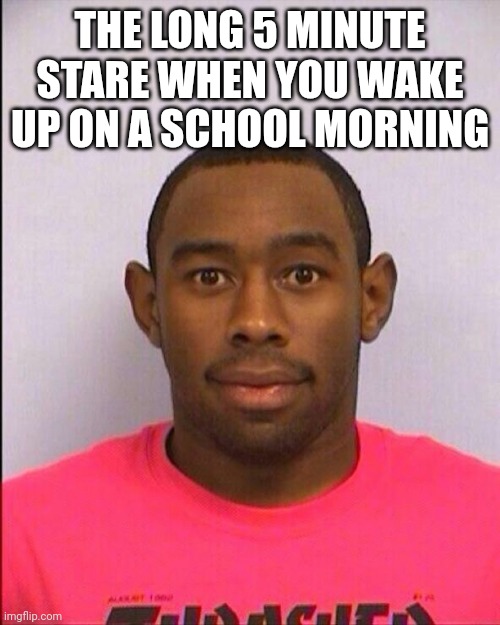 That feeling | THE LONG 5 MINUTE STARE WHEN YOU WAKE UP ON A SCHOOL MORNING | image tagged in tyler's mugshot | made w/ Imgflip meme maker