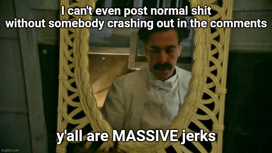 Borat sad in mirror | I can't even post normal shit without somebody crashing out in the comments; y'all are MASSIVE jerks | image tagged in borat sad in mirror | made w/ Imgflip meme maker