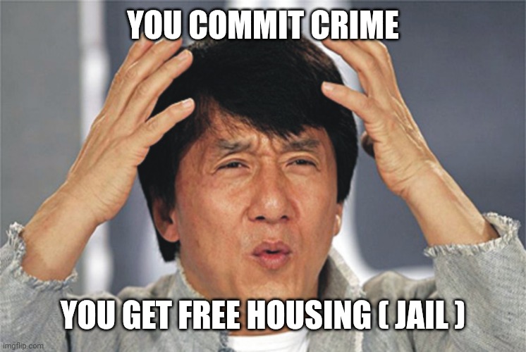 crime house | YOU COMMIT CRIME; YOU GET FREE HOUSING ( JAIL ) | image tagged in jackie chan confused,jail | made w/ Imgflip meme maker