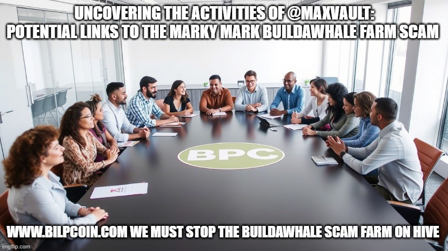 UNCOVERING THE ACTIVITIES OF @MAXVAULT: POTENTIAL LINKS TO THE MARKY MARK BUILDAWHALE FARM SCAM; WWW.BILPCOIN.COM WE MUST STOP THE BUILDAWHALE SCAM FARM ON HIVE | made w/ Imgflip meme maker