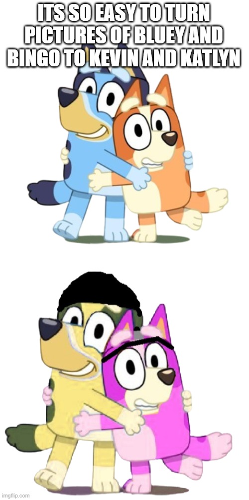 Post any picture of Bluey and Bingo in the comments and I will post the same pic of Kevin and Katlyn on this stream | ITS SO EASY TO TURN PICTURES OF BLUEY AND BINGO TO KEVIN AND KATLYN | image tagged in bluey bingo,kevin katlyn | made w/ Imgflip meme maker