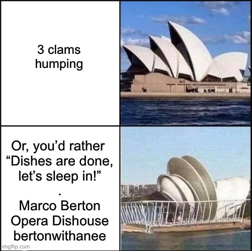 Opera Dishouse | 3 clams humping; Or, you’d rather 
“Dishes are done,
let’s sleep in!”
.
Marco Berton
Opera Dishouse
bertonwithanee | image tagged in sydney opera house vs dishes,marco,dish,opera,clam,sydney | made w/ Imgflip meme maker