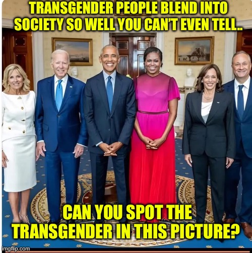 Michelle Obama is a man | TRANSGENDER PEOPLE BLEND INTO SOCIETY SO WELL YOU CAN’T EVEN TELL.. CAN YOU SPOT THE TRANSGENDER IN THIS PICTURE? | image tagged in michelle obama is a man | made w/ Imgflip meme maker