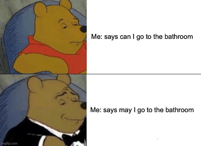 Tuxedo Winnie The Pooh | Me: says can I go to the bathroom; Me: says may I go to the bathroom | image tagged in memes,tuxedo winnie the pooh | made w/ Imgflip meme maker