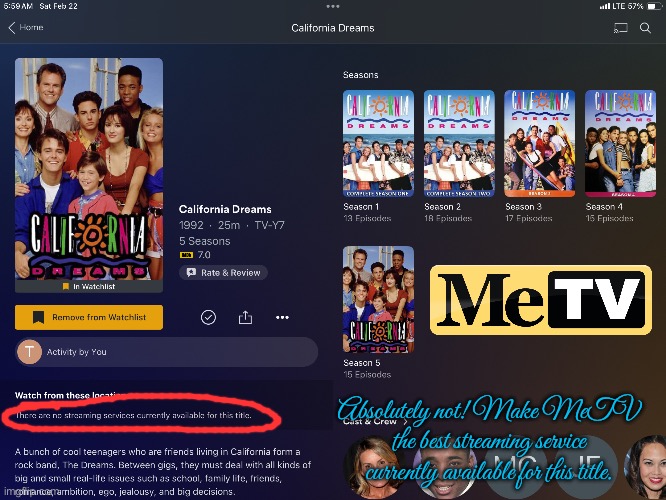 California Dreams Needs to be on MeTV | Absolutely not! Make MeTV the best streaming service currently available for this title. | image tagged in california,music,90s,educational,nostalgia,90s kids | made w/ Imgflip meme maker