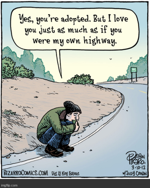 Love of the open road | Yes, you're adopted. But I love you just as much as if you were my own highway. | image tagged in adopted,road,bizarre,cleaning,environment,comics | made w/ Imgflip meme maker