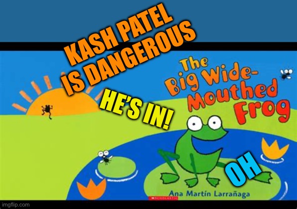 Democrats again sound like the “Big Mouthed Frog” | KASH PATEL IS DANGEROUS; HE’S IN! OH | image tagged in big mouthed frog,democrats,corrupt,hypocrites,fake news | made w/ Imgflip meme maker